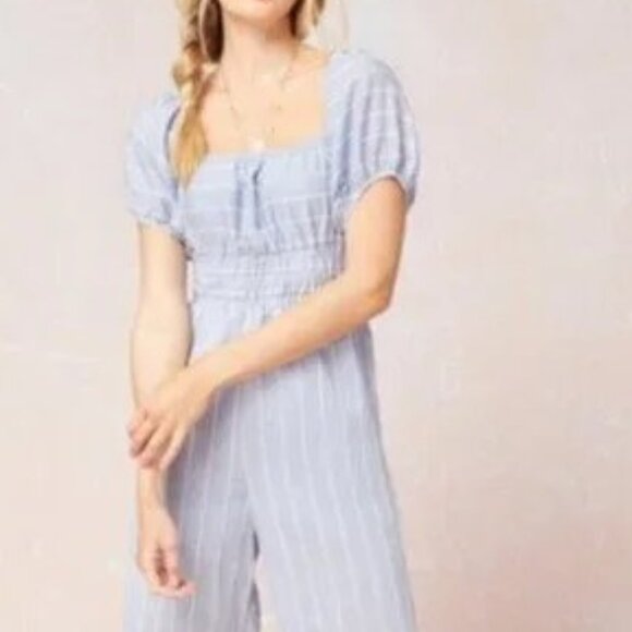 Entro Alissa Cropped Striped Jumpsuit Sky Blue White Smocked Puff Sleeve NWT - Picture 2 of 5